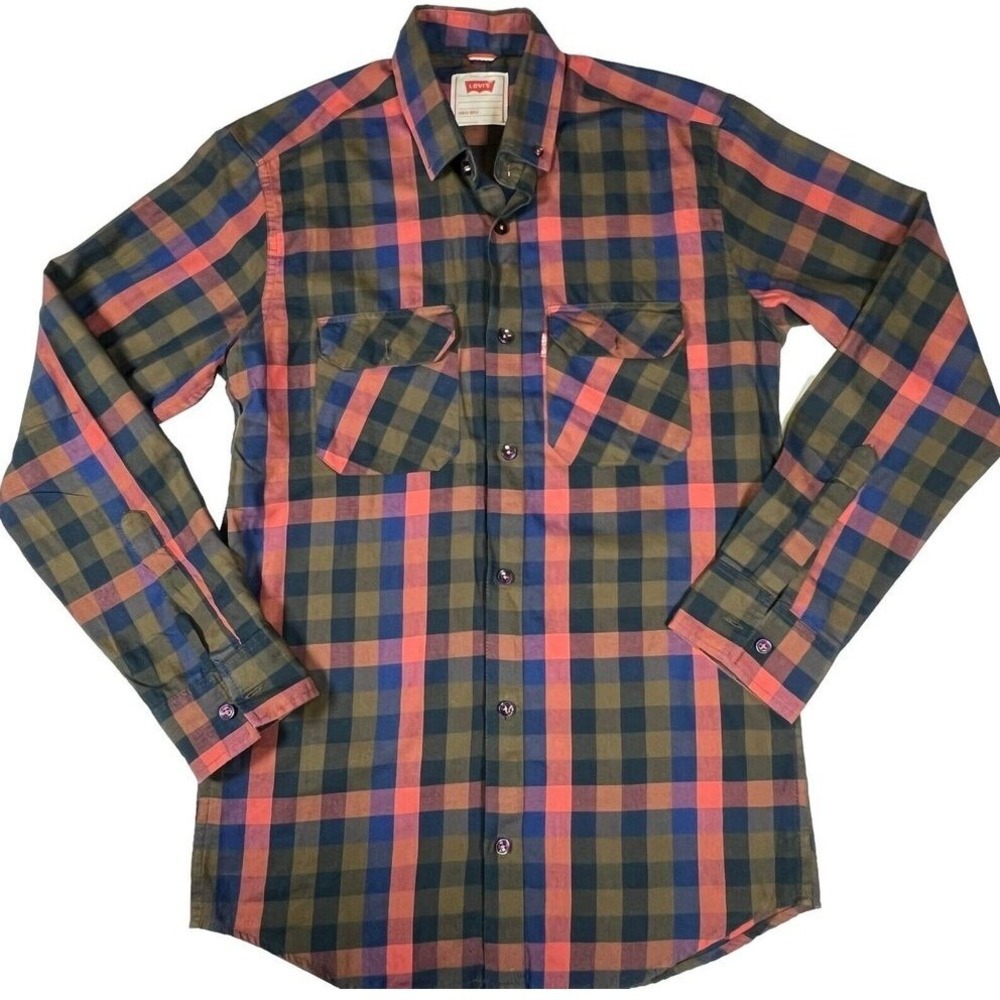 Levis Plaid Flannel Shirt Mens M Blue Red Check Long Sleeve Button Up‎ Casual